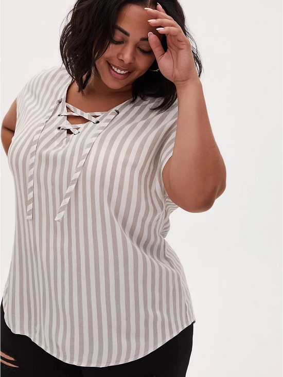 torrid Tops - Torrid Women Stripe Gauze Lace Up Dolman Blouse 0X Plus Coastal Boho Neutral